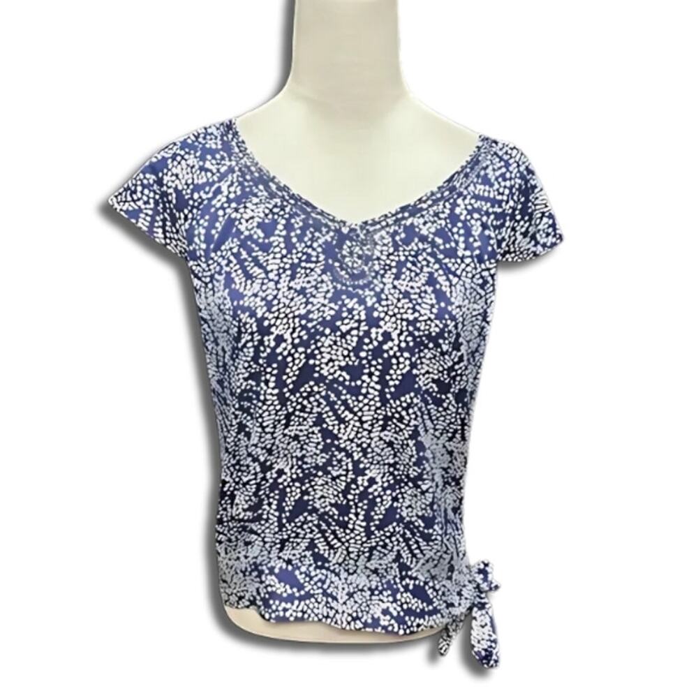 Banana Republic Floral Blouse Short Sleeves Side Tie V-Neckline Blue White W XS